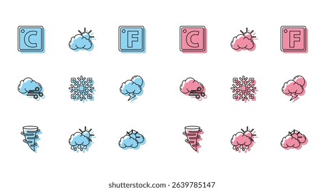 Set line Tornado, Cloud with rain and sun, Celsius, Sun cloud weather, Snowflake, Storm, Windy and  icon. Vector