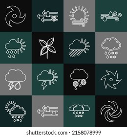 Die Linie Tornado, Wolke mit Schnee und Regen, Windsonne, Pinrad, Wolke und Symbol. Vektorgrafik