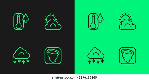 Set line Tornado, Cloud with snow, Thermometer and Sun and cloud weather icon. Vector