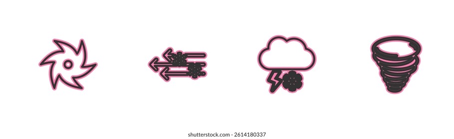 Set line Tornado, Cloud with snow and lightning, Wind and  icon. Vector