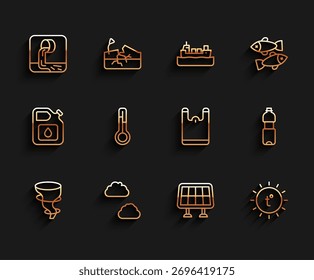 Tornado, Nube, Aguas residuales, Panel de energía solar, Sol, Termómetro de meteorología, Botella de agua e icono de bolsa de plástico. Vector