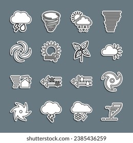 Set line Tornado, Cloudy, with snow, rain, sun, Wind and, lightning and Pinwheel icon. Vector