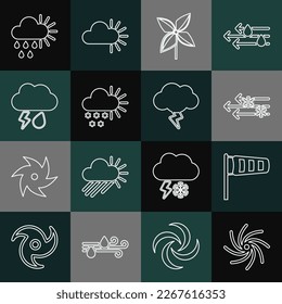 Set line Tornado, Cone meteorology windsock wind vane, Wind and snow, Pinwheel, Cloudy with, rain lightning, sun and Storm icon. Vector