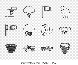Fije la línea Tornado, la paleta del viento del cono del windsock, viento y nieve, nube con el relámpago, la lluvia y el icono. Vector