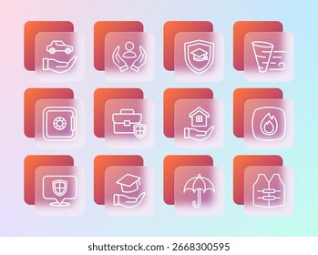 Set line Tornado, Erziehungsbeihilfe, Haus in der Hand, Regenschirm, Aktenkoffer mit Schild, Abschlusskappe, Autoversicherung und Life Icon. Vektorgrafik
