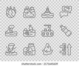 Set line Tornado, Global warming, Floating buoy on the sea, Nuclear power plant, fire, Problem pollution of ocean, Glacier melting and Bottle water icon. Vector