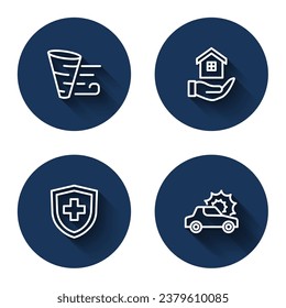 Set line Tornado, House in hand, Life insurance with shield and Car with long shadow. Blue circle button. Vector