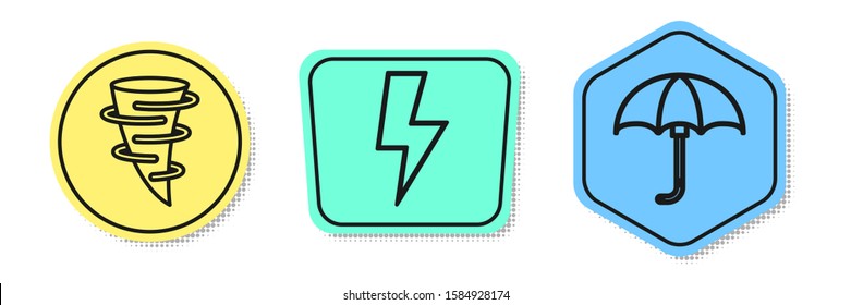Set line Tornado, Lightning bolt and Classic elegant opened umbrella. Colored shapes. Vector