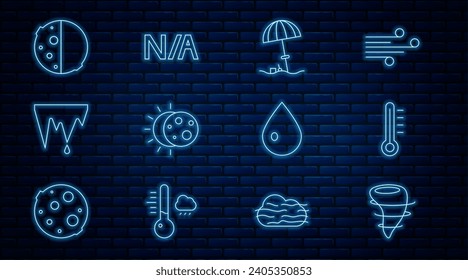 Set line Tornado, Meteorology thermometer, Sun protective umbrella for beach, Eclipse of sun, Icicle, Water drop and Not applicable icon. Vector