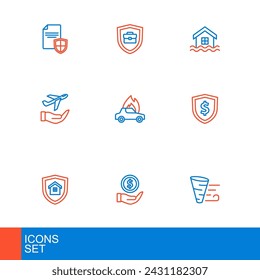 Set line Tornado, Geld mit Schild, Haus, Schild Dollar, Flugzeug in der Hand, Brennendes Auto, Flut und Aktenkoffer-Symbol. Vektor