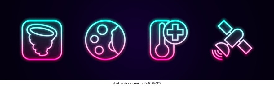 Set line Tornado, Moon phases, Thermometer and Satellite. Glowing neon icon. Vector