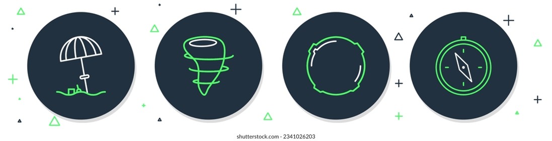 Fija la línea Tornado, Moon, Paraguas protector Sun para la playa y el icono de la brújula. Vector