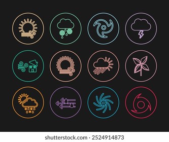 Tornado, molinete, viento y sol, remolino, nublado con el icono de lluvia y nieve. Vector