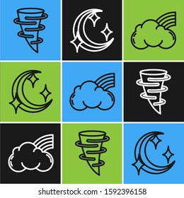 Set line Tornado, Rainbow with clouds and Moon and stars icon. Vector