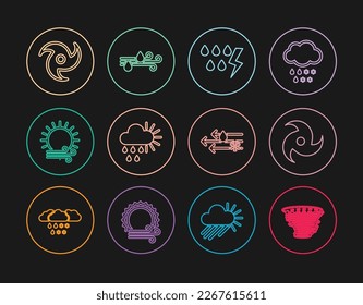Set line Tornado, Storm, Cloudy with rain and sun, Wind, snow and  icon. Vector