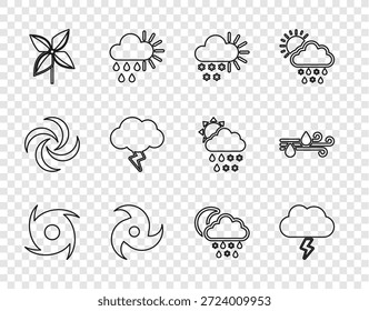 Set line Tornado, Storm, Cloudy with snow, Pinwheel, rain, moon and Wind and icon. Vector