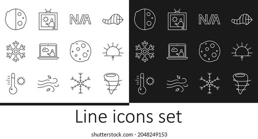 Set line Tornado, Sunrise, Not applicable, Weather forecast, Snowflake, Eclipse of sun, Moon and  icon. Vector