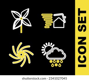 Fijar la línea Tornado giratoria, Nube con nieve, lluvia, sol y el icono de la noria. Vector