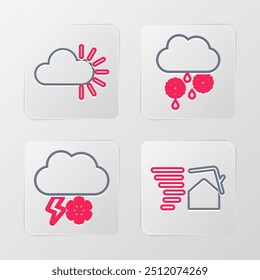 Set line Tornado swirl, Cloud with snow and lightning, rain and Cloudy icon. Vector