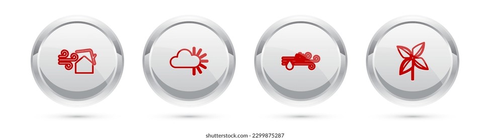Set line Tornado swirl, Cloudy, Wind and rain with snow and Pinwheel. Silver circle button. Vector
