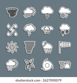 Tornado remolino, meteorología de cono windsock veleta de viento, Nube con nieve y lluvia, Tormenta, e icono. Vector