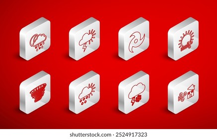 Set line Tornado swirl, Storm, Wind and sun, Cloud with snow lightning, snow, rain, moon, Cloudy and  icon. Vector