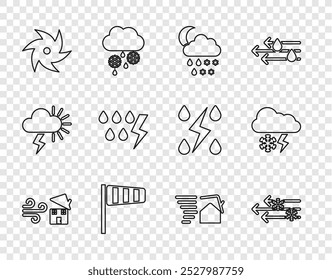 Set line Tornado swirl, Wind and snow, Cloud with snow, rain, moon, Cone windsock wind vane, Storm,  and lightning icon. Vector