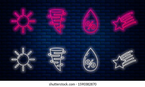Set line Tornado, Water drop percentage, Sun and Falling star. Glowing neon icon on brick wall. Vector