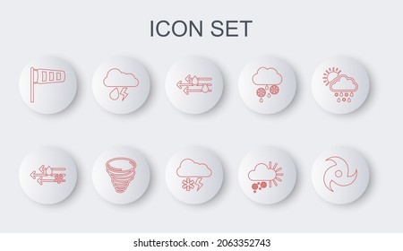 Set line Tornado, Wind and rain with snow, Cloudy, Cone meteorology windsock wind vane, lightning,  and  icon. Vector