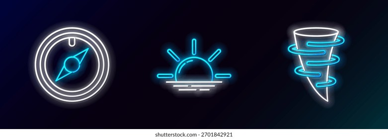 Establecer línea Tornado, rosa de viento y el icono de la salida del sol. Brillante neón. Vector