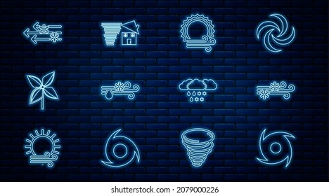 Fija la línea Tornado, Viento y nieve, sol, lluvia con, Pinnate, Nube y giratorio icono. Vector