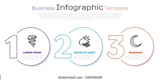 Set line Tornado, Windy weather and Moon and stars. Business infographic template. Vector