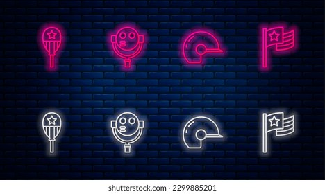 Set line Tourist binoculars, Baseball helmet, Balloons and American flag. Glowing neon icon on brick wall. Vector
