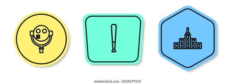 Set line Tourist binoculars, Baseball bat and City landscape. Colored shapes. Vector