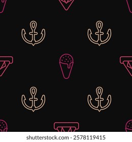 Set line Tourist tent, Anchor and Ice cream in waffle cone on seamless pattern. Vector