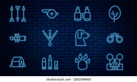 Set line Tourist tent, Binoculars, Bird footprint, Sniper optical sight, Hipster arrows, Dog and Whistle icon. Vector