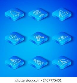 Set line Tourist tent, Campfire, Camping lantern, Mountains, Swiss army knife, Location of the forest, Forest and  icon. Vector