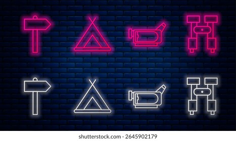 Set line Tourist tent, Cinema camera, Road traffic signpost and Binoculars. Glowing neon icon on brick wall. Vector