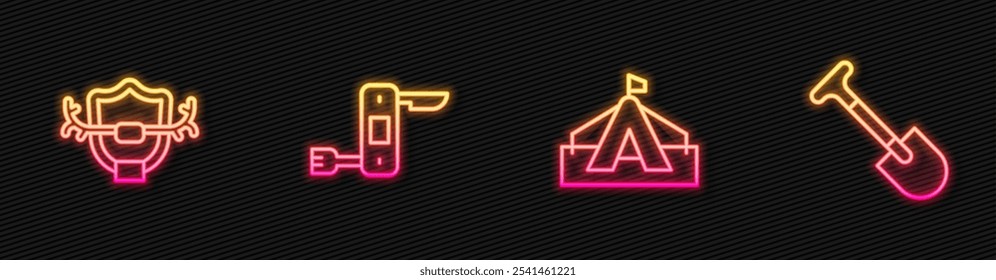 Set line Tourist tent, Deer antlers on shield, Swiss army knife and Shovel. Glowing neon icon. Vector