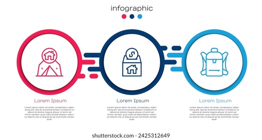 Set line Tourist tent, Donation and charity and Hiking backpack. Business infographic template. Vector