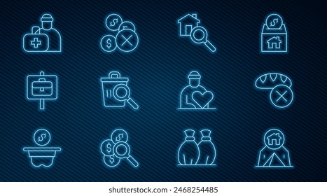 Set line Tourist tent, Donation food, Search house, Searching for, Work search, First aid kit, Volunteer and No money icon. Vector
