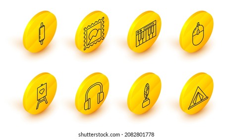 Set line Tourist tent, Feather and inkwell, Headphones, Wood easel or painting art boards, Computer mouse, Music synthesizer, Picture landscape and Rolling pin icon. Vector