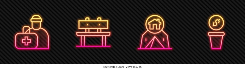 Set line Tienda de turismo, botiquín de primeros auxilios, banco y dinero de donación. Icono de neón brillante. Vector