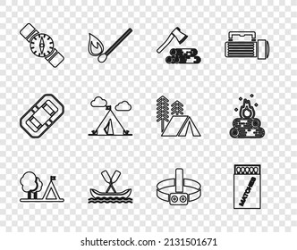 Set line Tourist tent with flag, Open matchbox and matches, Wooden axe wood, Rafting boat, Compass, Head flashlight and Campfire icon. Vector