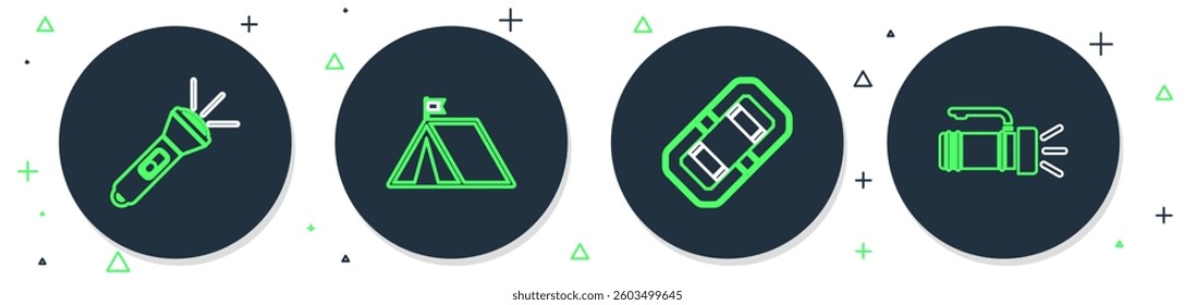 Set line Tourist tent with flag, Rafting boat, Flashlight and  icon. Vector