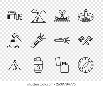 Set line Tourist tent with flag, Compass, Rafting boat, Canteen water bottle, Flashlight, Lighter and Crossed wooden axe icon. Vector