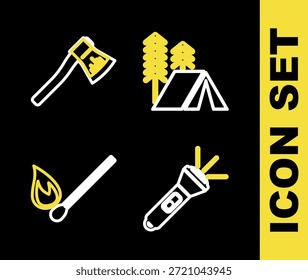 Set line Tienda turística, linterna, fósforo ardiente con fuego e icono de hacha de madera. Vector