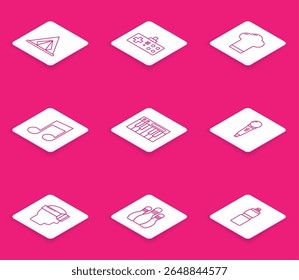 Set line Tourist tent, Gamepad, Chef hat, Music note, tone, synthesizer, Microphone, Virtual reality glasses and Bowling pin icon. Vector