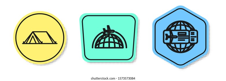 Set line Tourist tent, Globe with flying plane and Airline ticket. Colored shapes. Vector