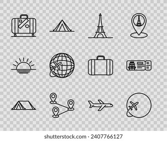 Set line Tourist tent, Globe with flying plane, Eiffel tower, Route location, Suitcase for travel and stickers, Plane and Cruise ticket traveling by ship icon. Vector